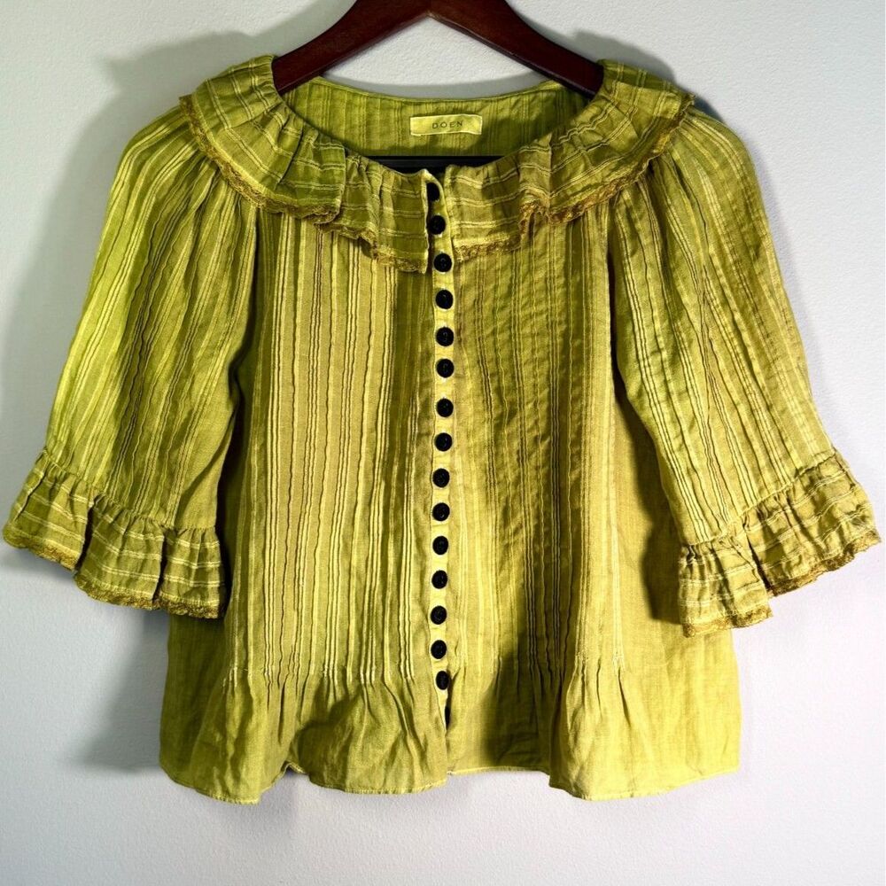 DÔEN Small Chartreuse Green 100% Ramie Ruffle Collar Peasant Blouse Felt Buttons